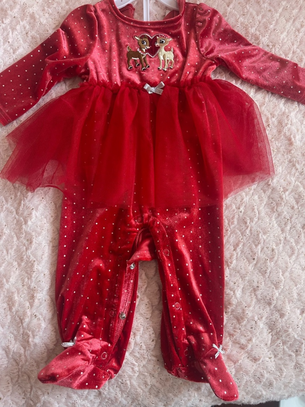 Rare Editions Red Velvet Tulle Footie One-Piece with Deer Appliqué
